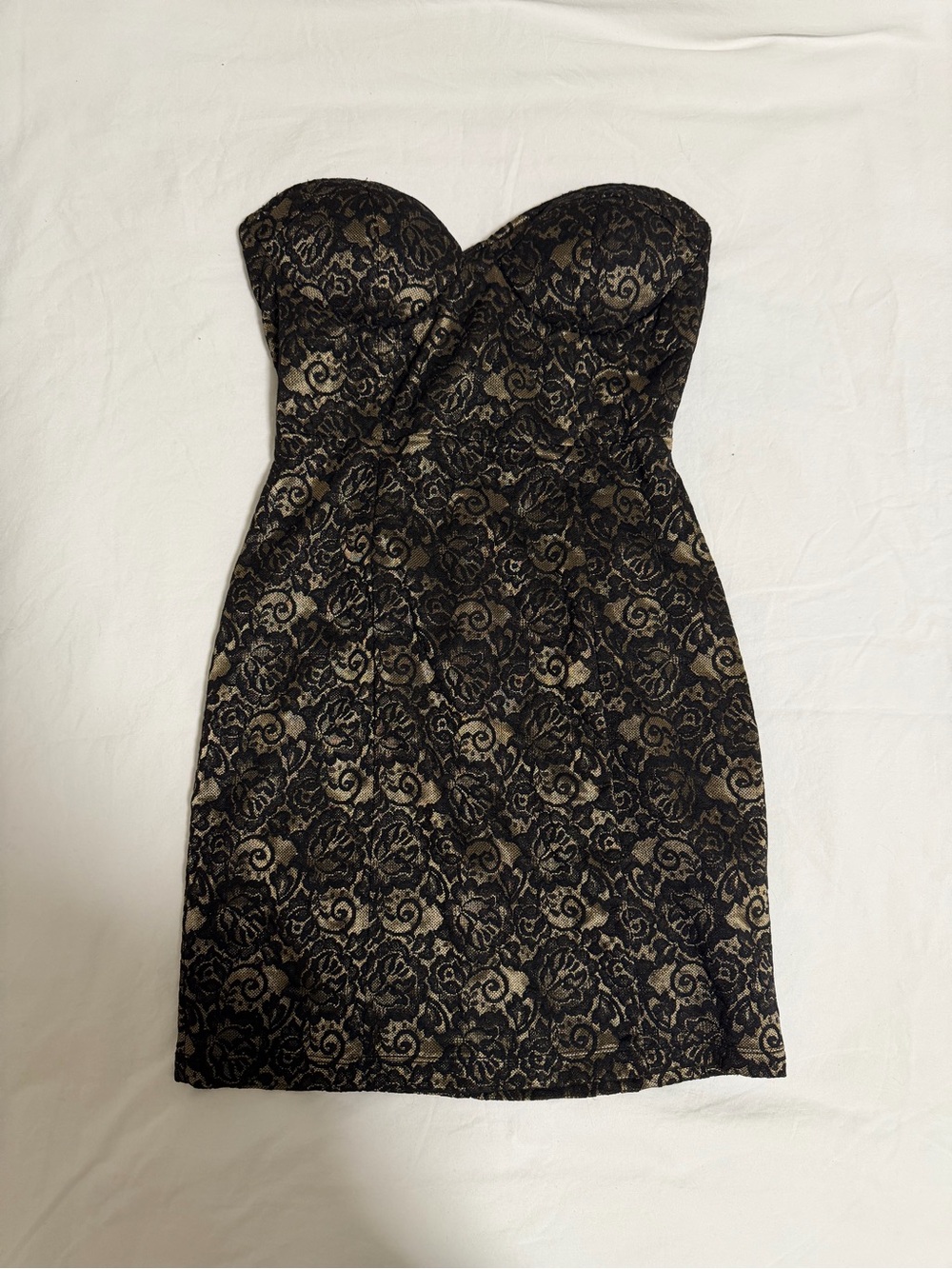 Forever 21 Black and Gold Strapless Lace Sheath Dress